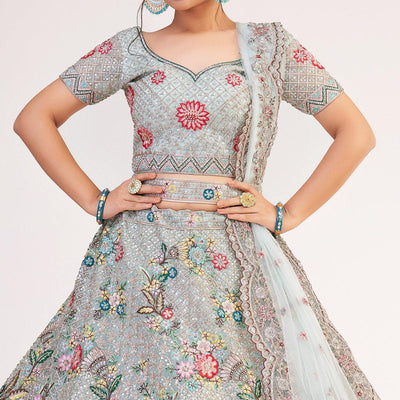 Light Firozi Wedding Wear Embellished Heavy Butterfly Net Lehenga Choli