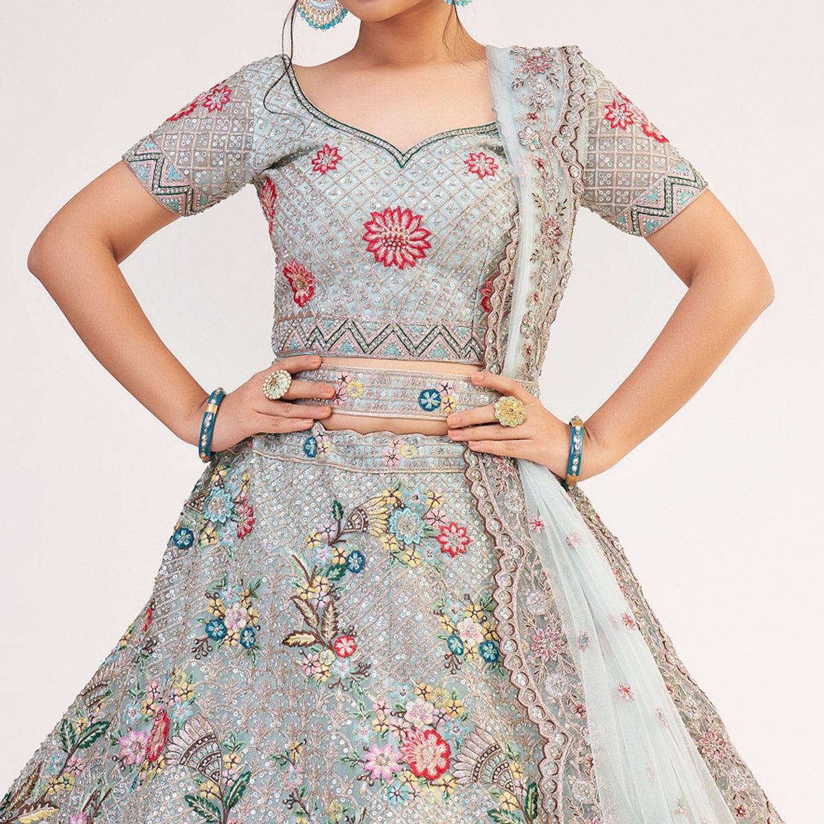 Light Firozi Wedding Wear Embellished Heavy Butterfly Net Lehenga Choli