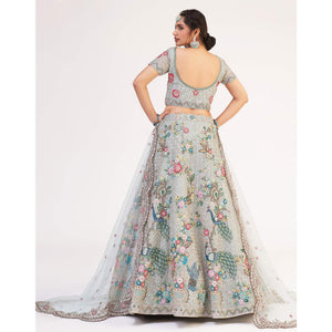 Light Firozi Wedding Wear Embellished Heavy Butterfly Net Lehenga Choli