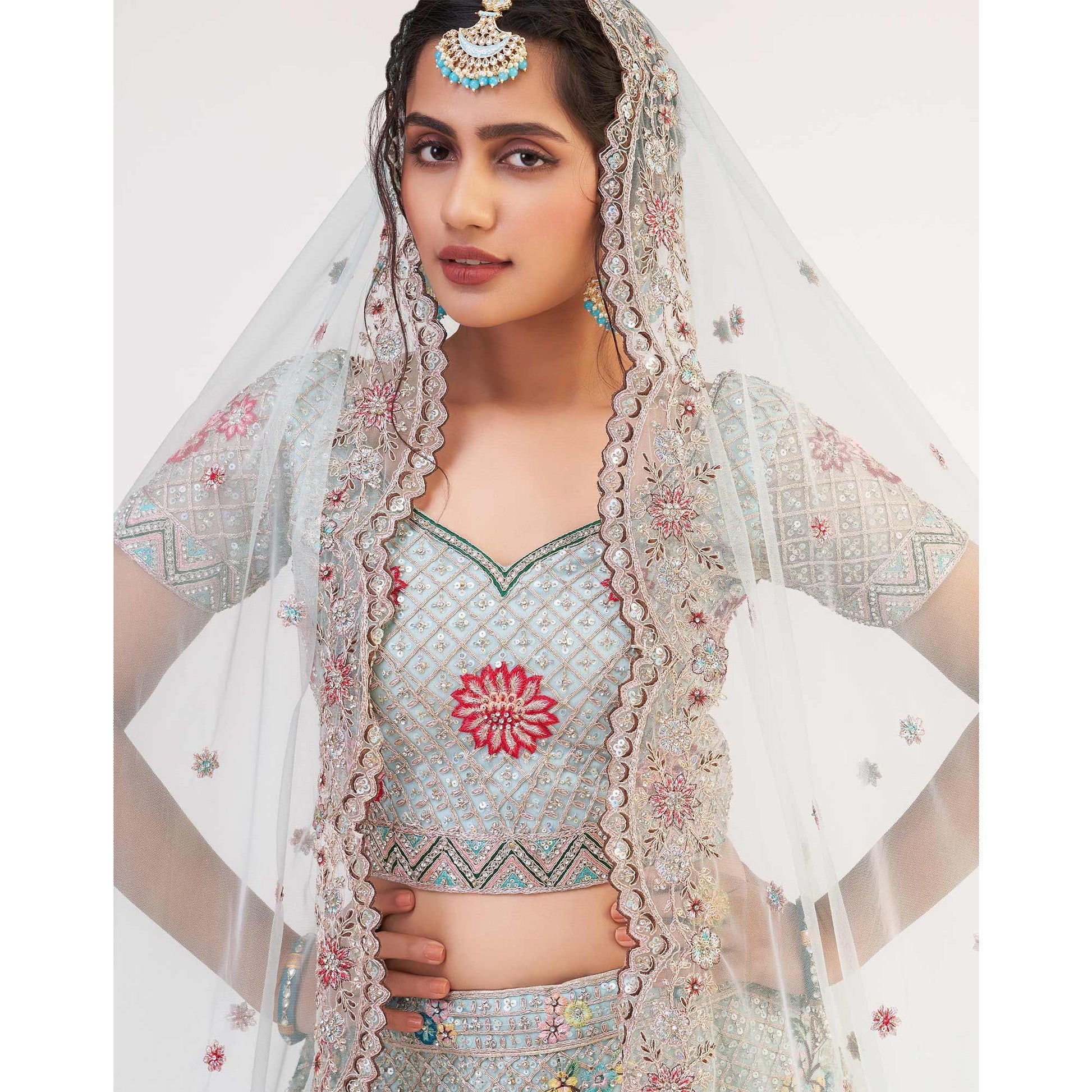 Light Firozi Wedding Wear Embellished Heavy Butterfly Net Lehenga Choli