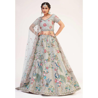 Light Firozi Wedding Wear Embellished Heavy Butterfly Net Lehenga Choli