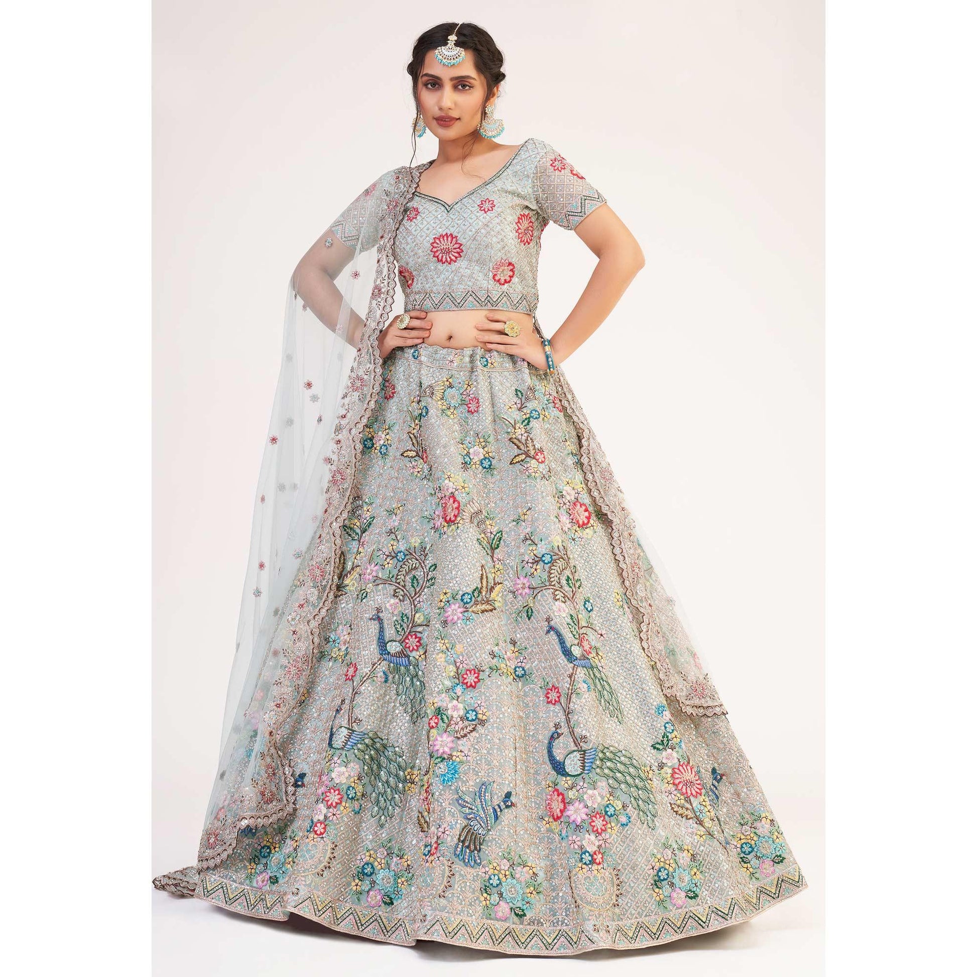 Light Firozi Wedding Wear Embellished Heavy Butterfly Net Lehenga Choli