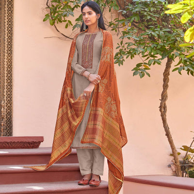 Light Gray Festive Wear Embroidered Viscose Cotton Silk Salwar Suit