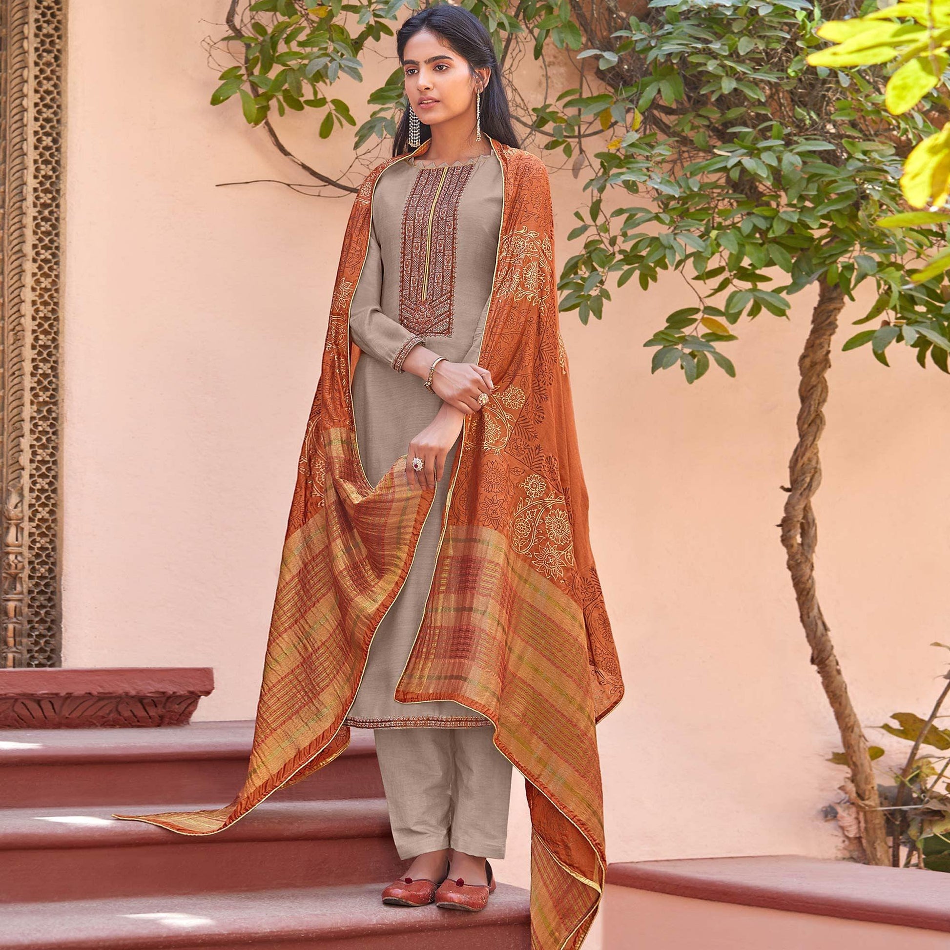 Light Gray Festive Wear Embroidered Viscose Cotton Silk Salwar Suit