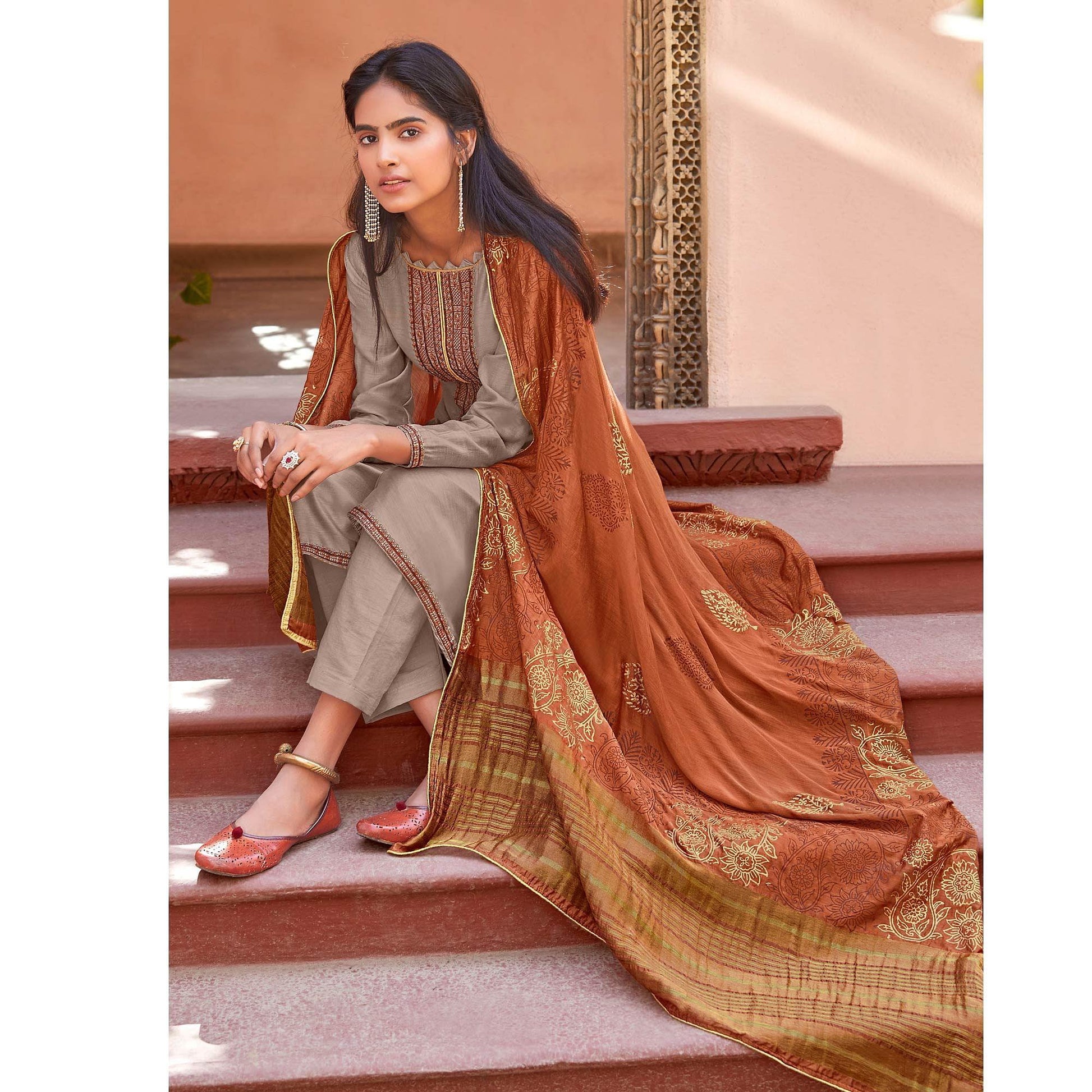 Light Gray Festive Wear Embroidered Viscose Cotton Silk Salwar Suit