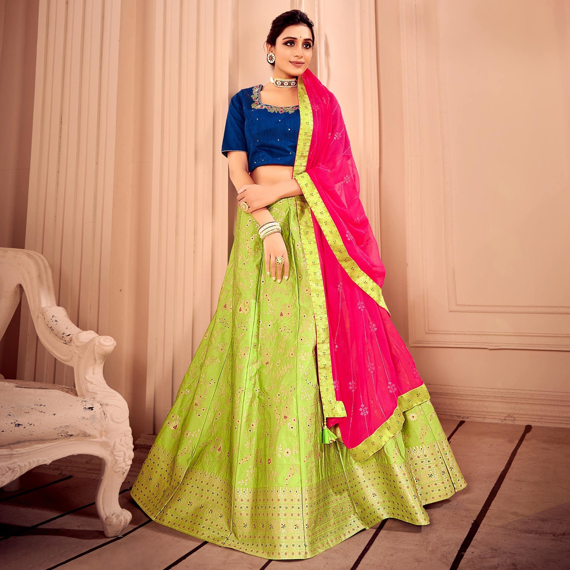 Light Green & Blue Partywear Floral Embroidery With Woven Silk Lehenga Choli