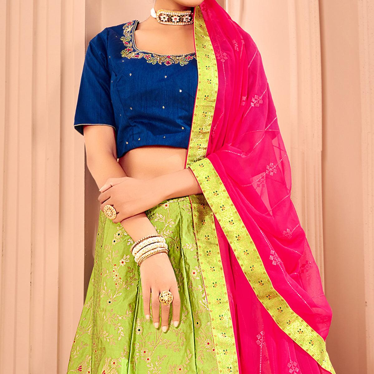 Light Green & Blue Partywear Floral Embroidery With Woven Silk Lehenga Choli