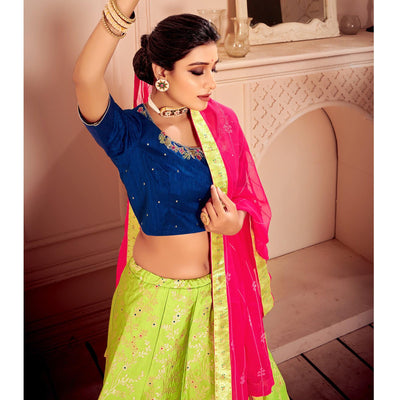 Light Green & Blue Partywear Floral Embroidery With Woven Silk Lehenga Choli