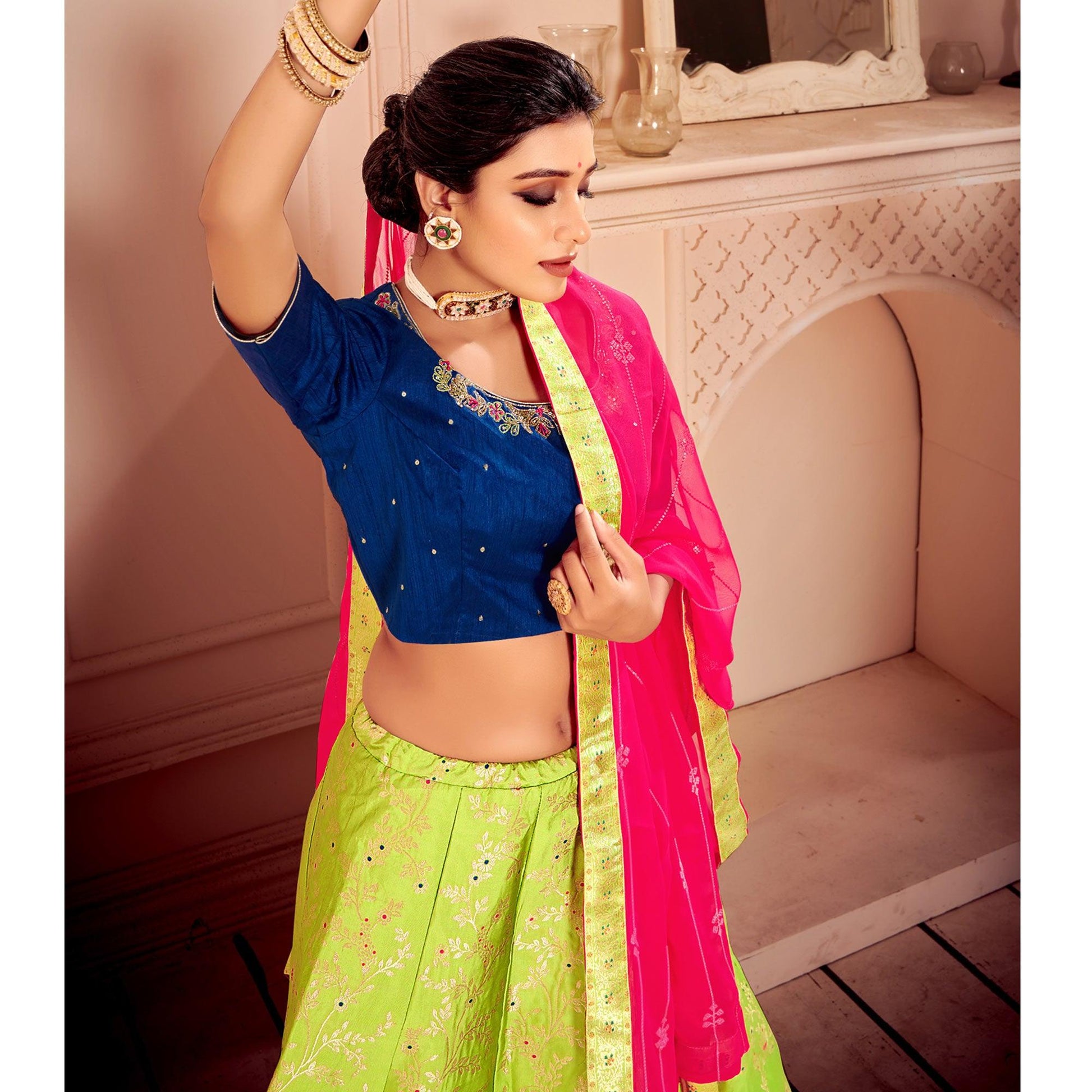 Light Green & Blue Partywear Floral Embroidery With Woven Silk Lehenga Choli