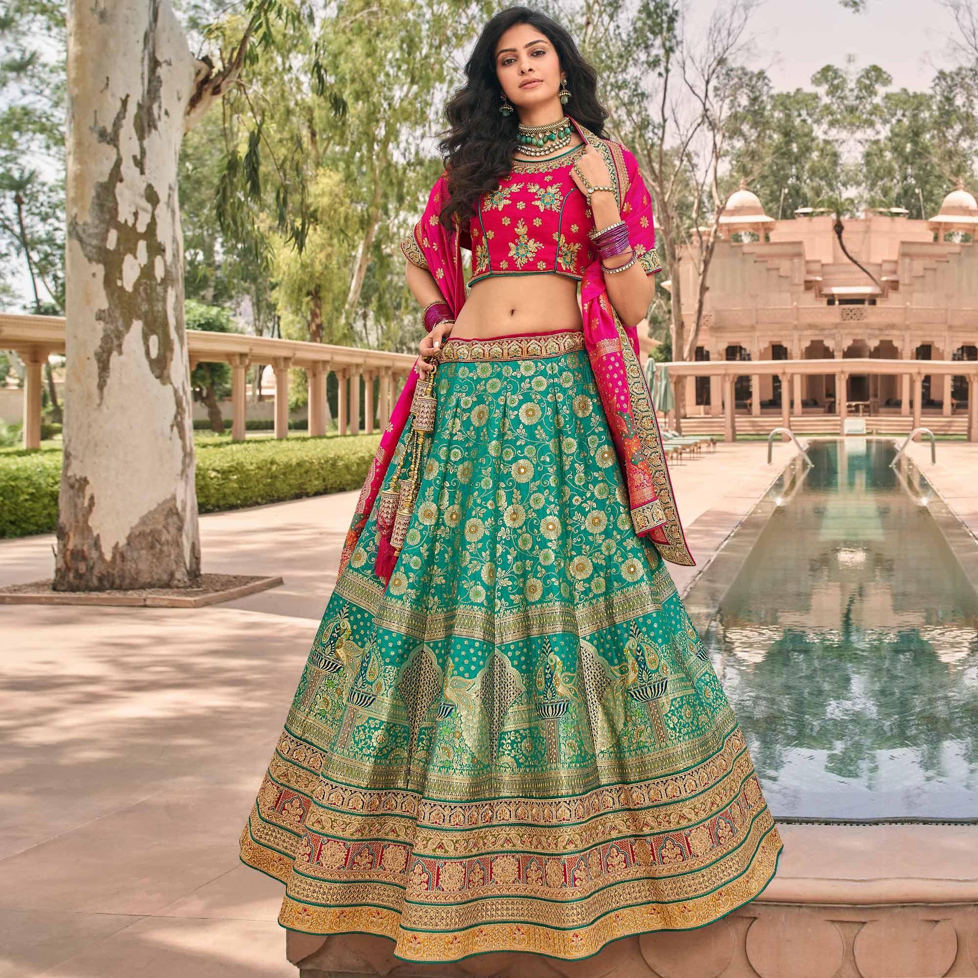 Light Green & Pink Wedding Wear Floral Embroidered With Woven Banarasi Silk Lehenga Choli
