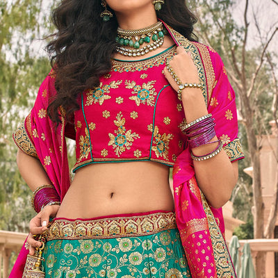 Light Green & Pink Wedding Wear Floral Embroidered With Woven Banarasi Silk Lehenga Choli