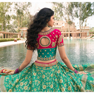Light Green & Pink Wedding Wear Floral Embroidered With Woven Banarasi Silk Lehenga Choli