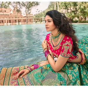 Light Green & Pink Wedding Wear Floral Embroidered With Woven Banarasi Silk Lehenga Choli