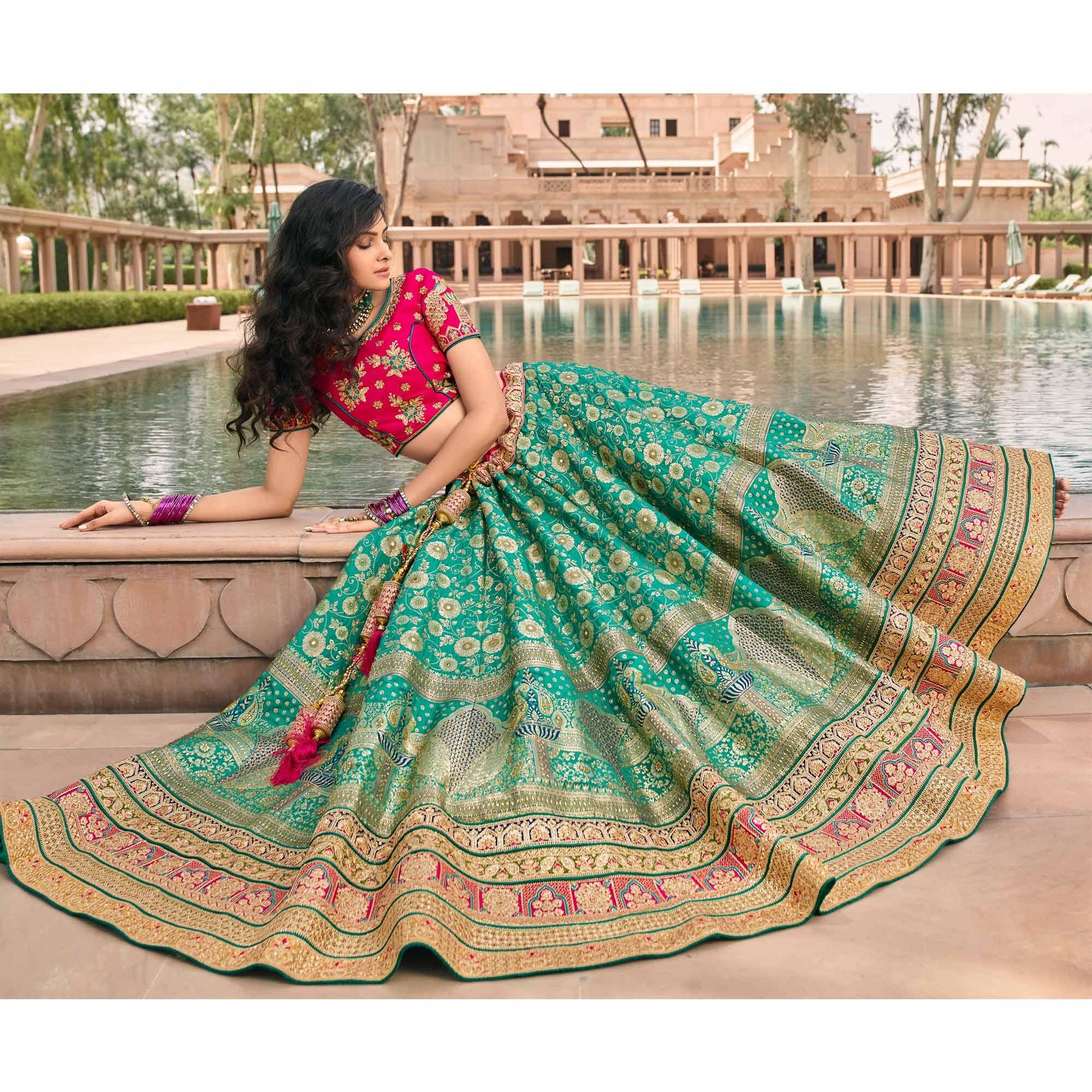 Light Green & Pink Wedding Wear Floral Embroidered With Woven Banarasi Silk Lehenga Choli