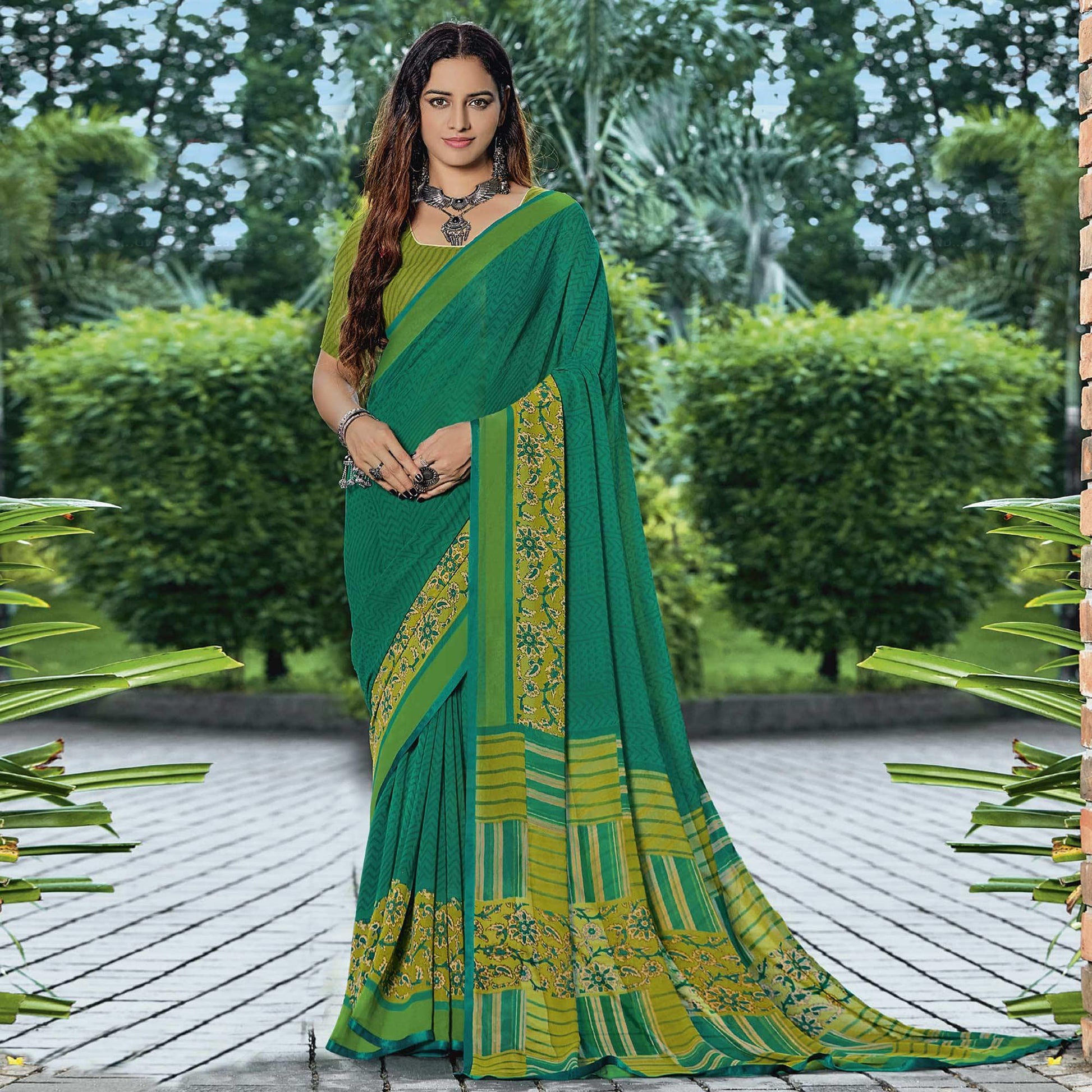 Light Green & Rama Casual Wear Floral Printed Georgette Saree