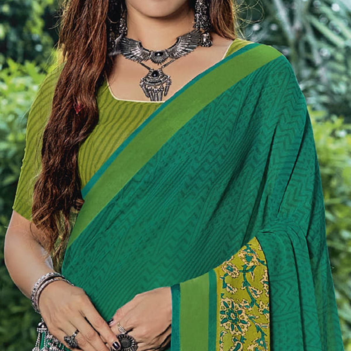 Light Green & Rama Casual Wear Floral Printed Georgette Saree