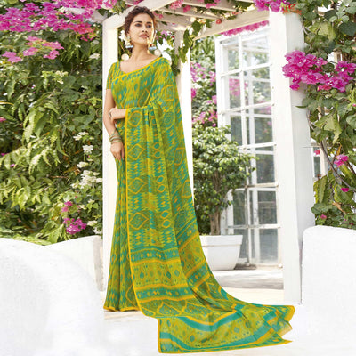 Light Green & Yellow Printed Georgette Saree