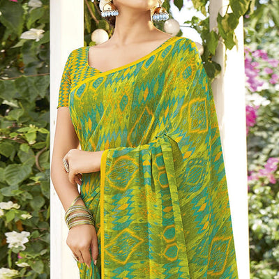 Light Green & Yellow Printed Georgette Saree