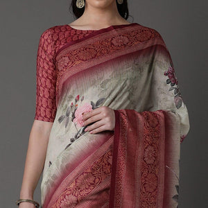 Light Green Casual Cotton Silk Printed Saree With Unstitched Blouse