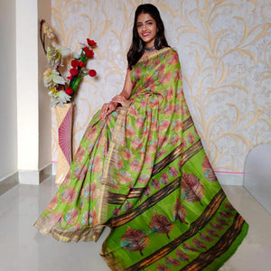 Light Green Casual Wear Digital Printed Chanderi Silk Saree