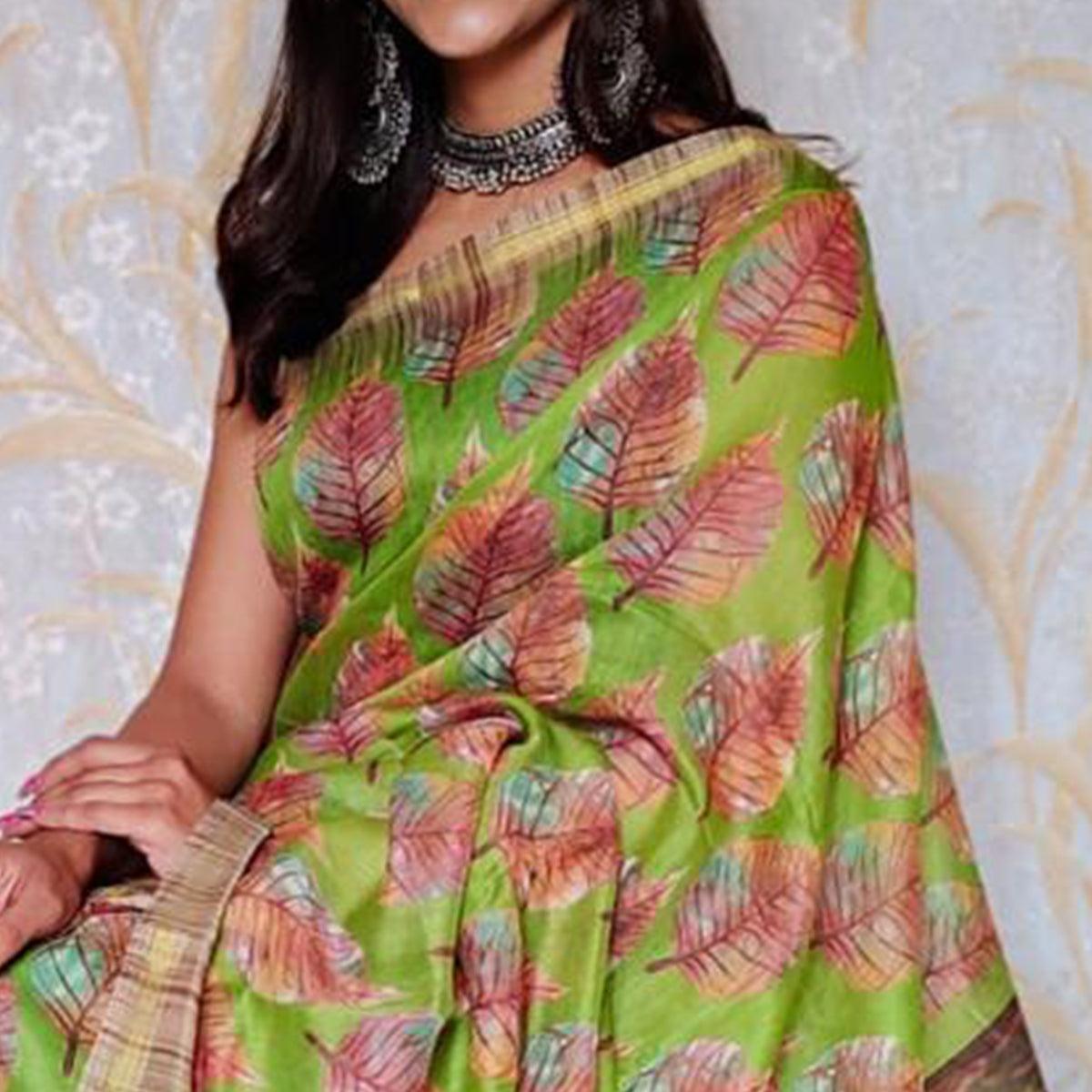 Light Green Casual Wear Digital Printed Chanderi Silk Saree