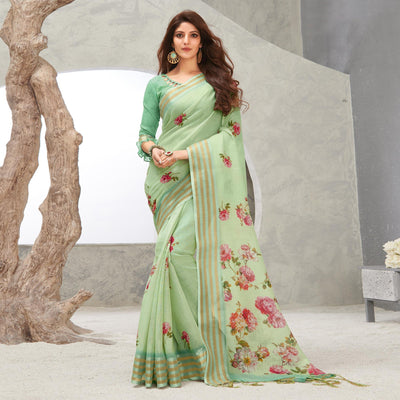 Light Green Casual Wear Digital Printed Pure Linen Saree