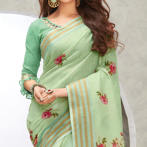 Light Green Casual Wear Digital Printed Pure Linen Saree