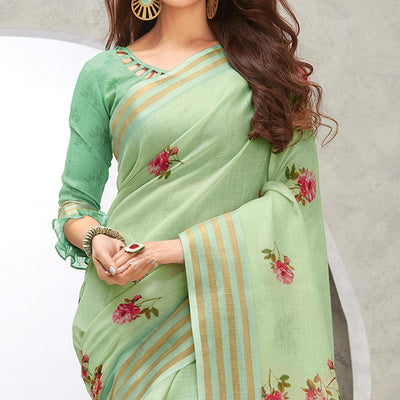 Light Green Casual Wear Digital Printed Pure Linen Saree