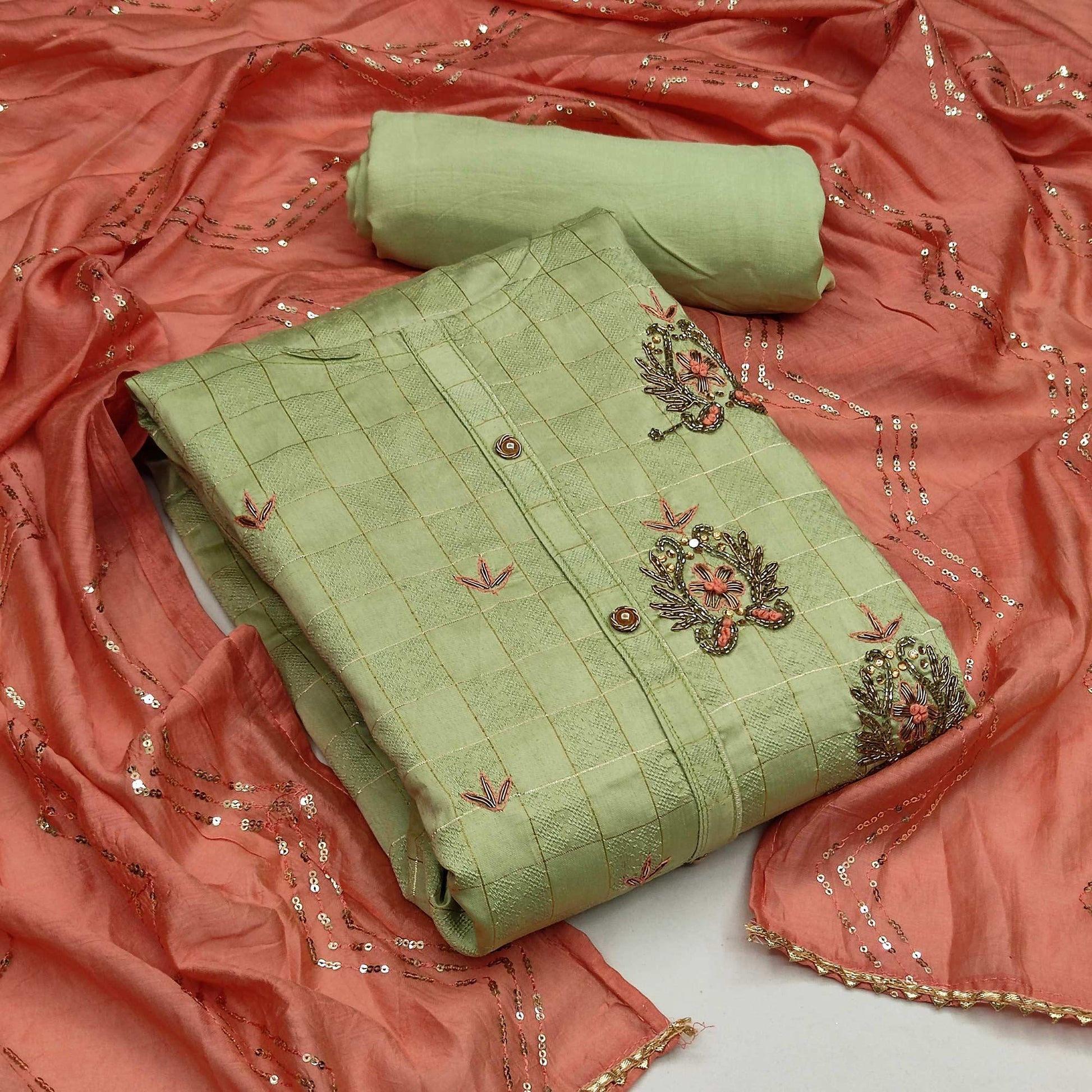 Light Green Casual Wear Embroidered Cotton Dress Material