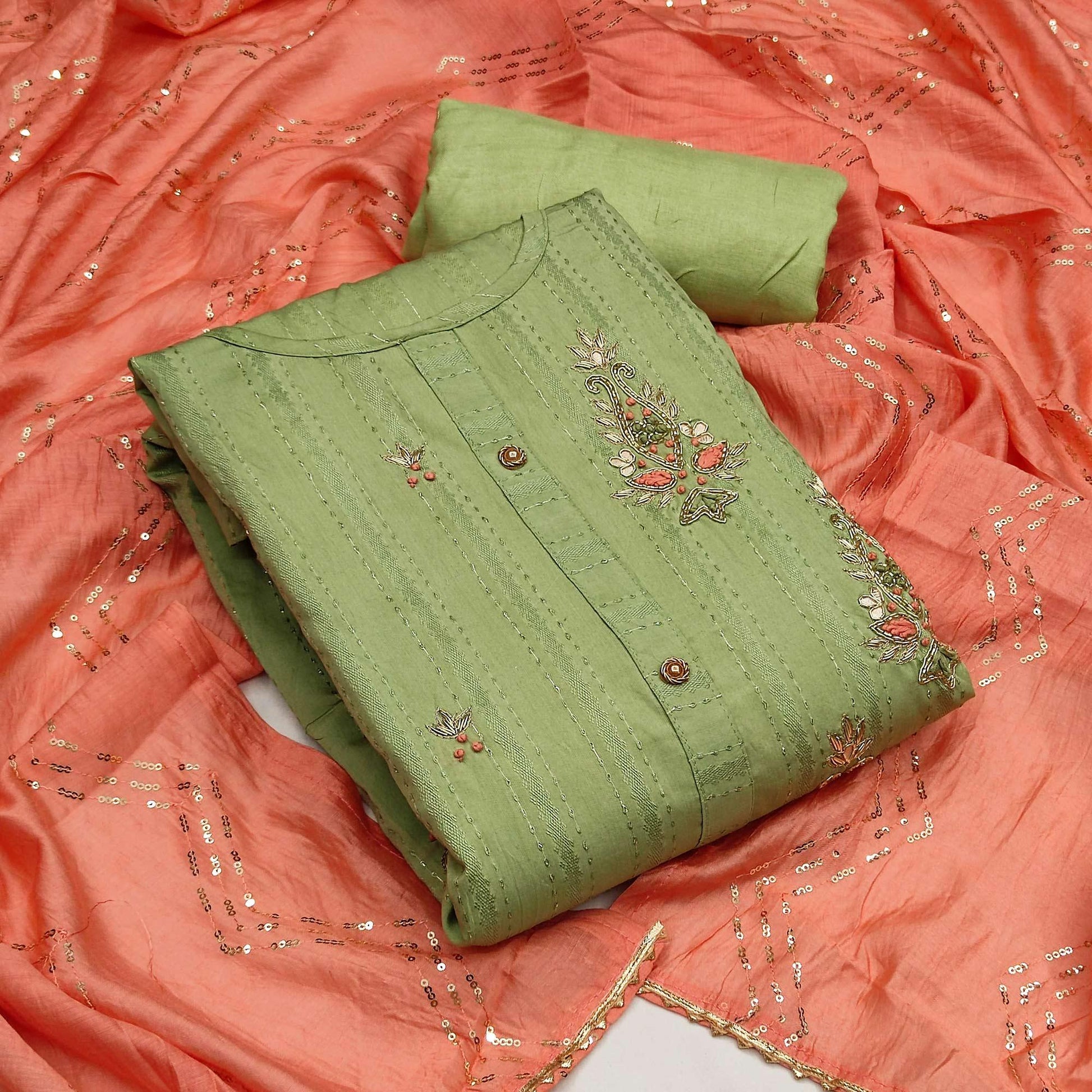 Light Green Casual Wear Embroidered Cotton Dress Material