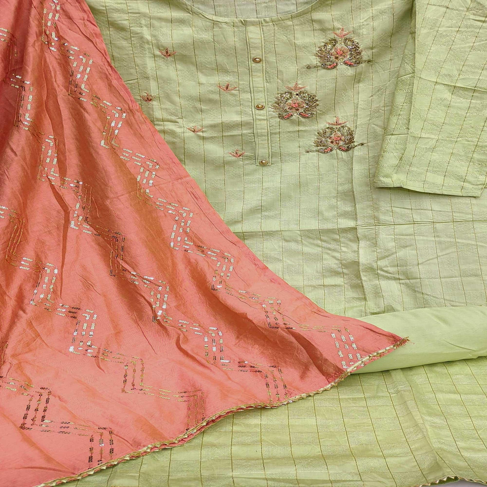 Light Green Casual Wear Embroidered Cotton Dress Material