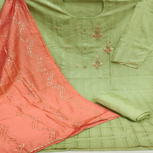 Light Green Casual Wear Embroidered Cotton Dress Material
