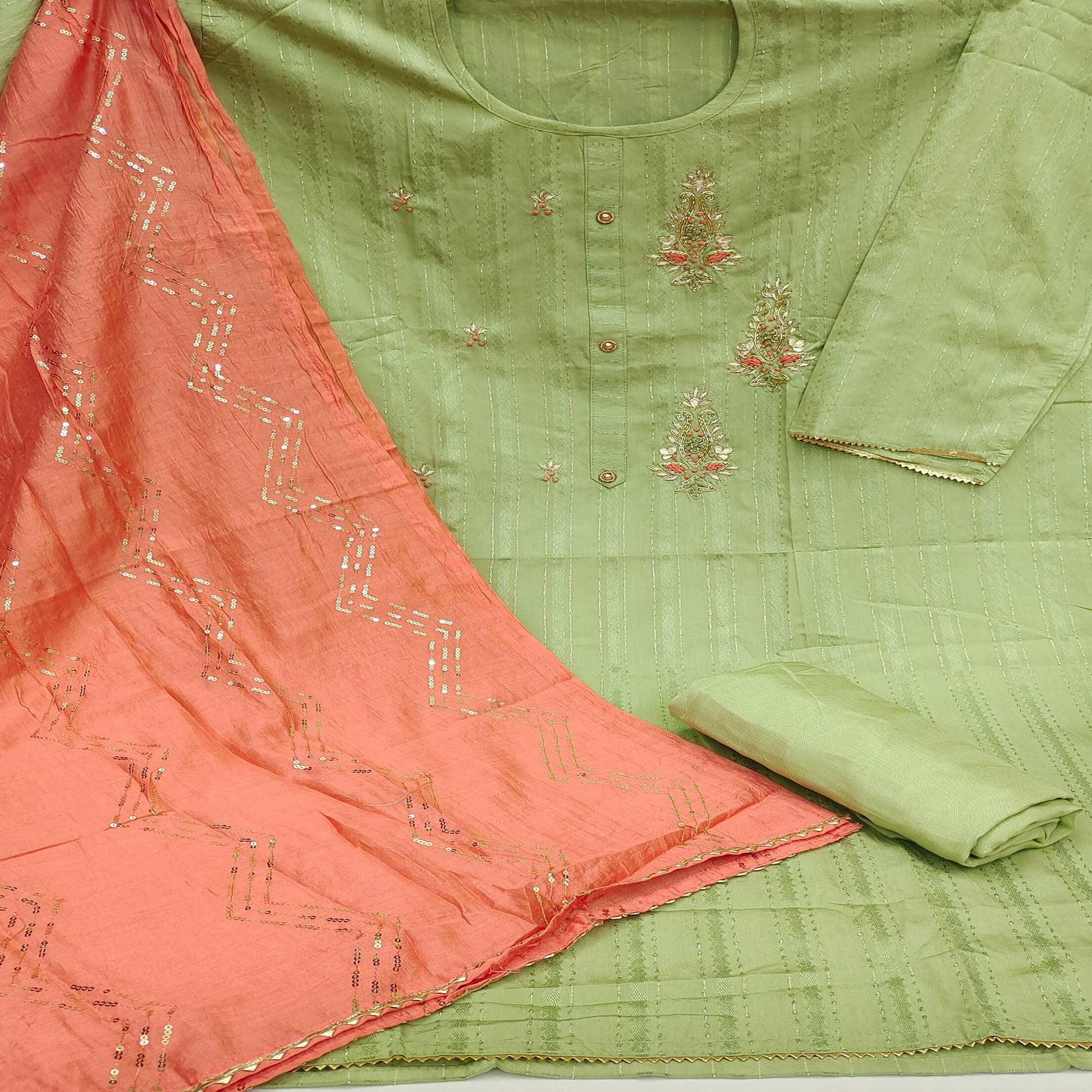 Light Green Casual Wear Embroidered Cotton Dress Material