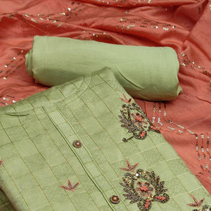 Light Green Casual Wear Embroidered Cotton Dress Material