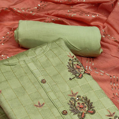 Light Green Casual Wear Embroidered Cotton Dress Material
