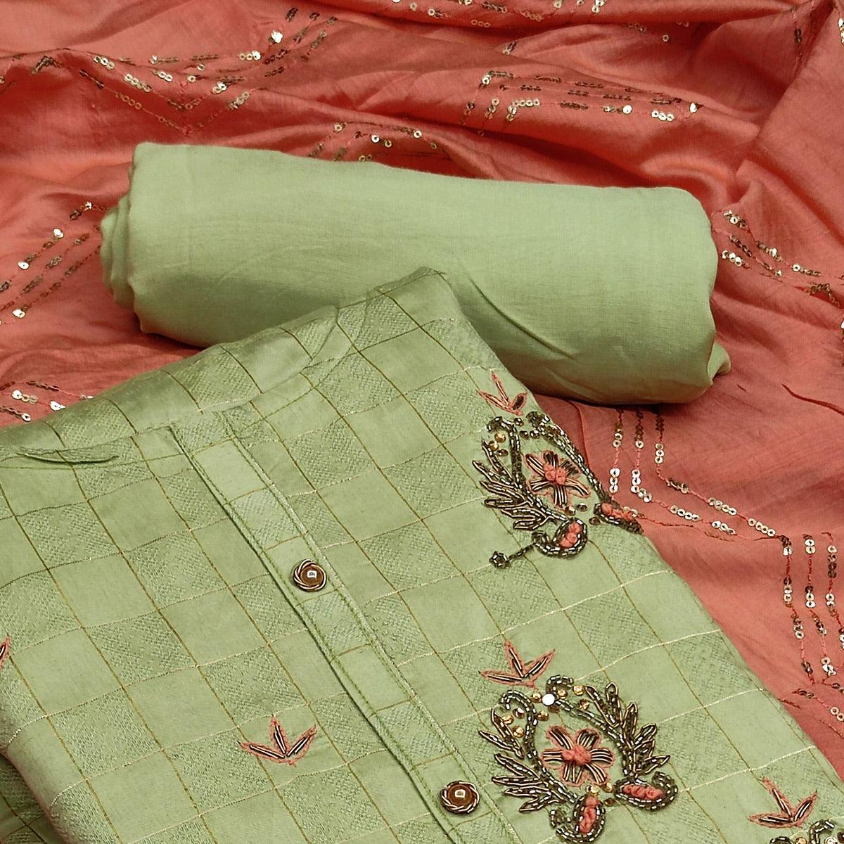 Light Green Casual Wear Embroidered Cotton Dress Material
