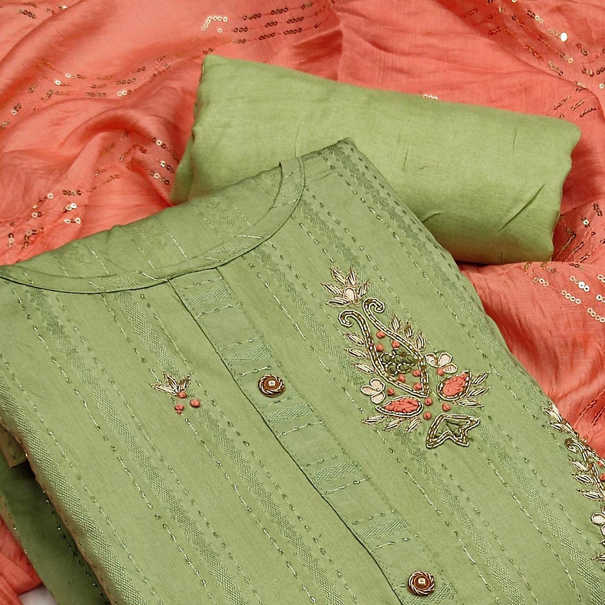 Light Green Casual Wear Embroidered Cotton Dress Material