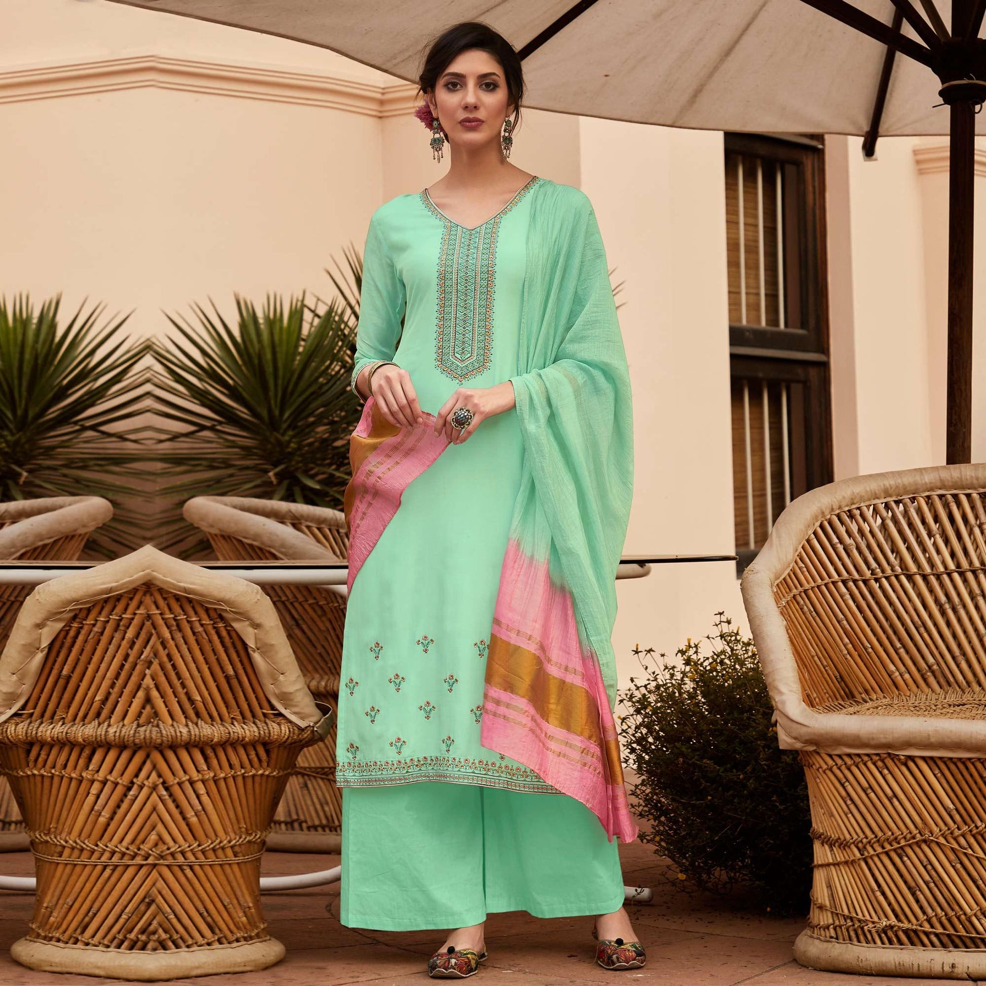 Light Green Casual Wear Embroidered Georgette Suit