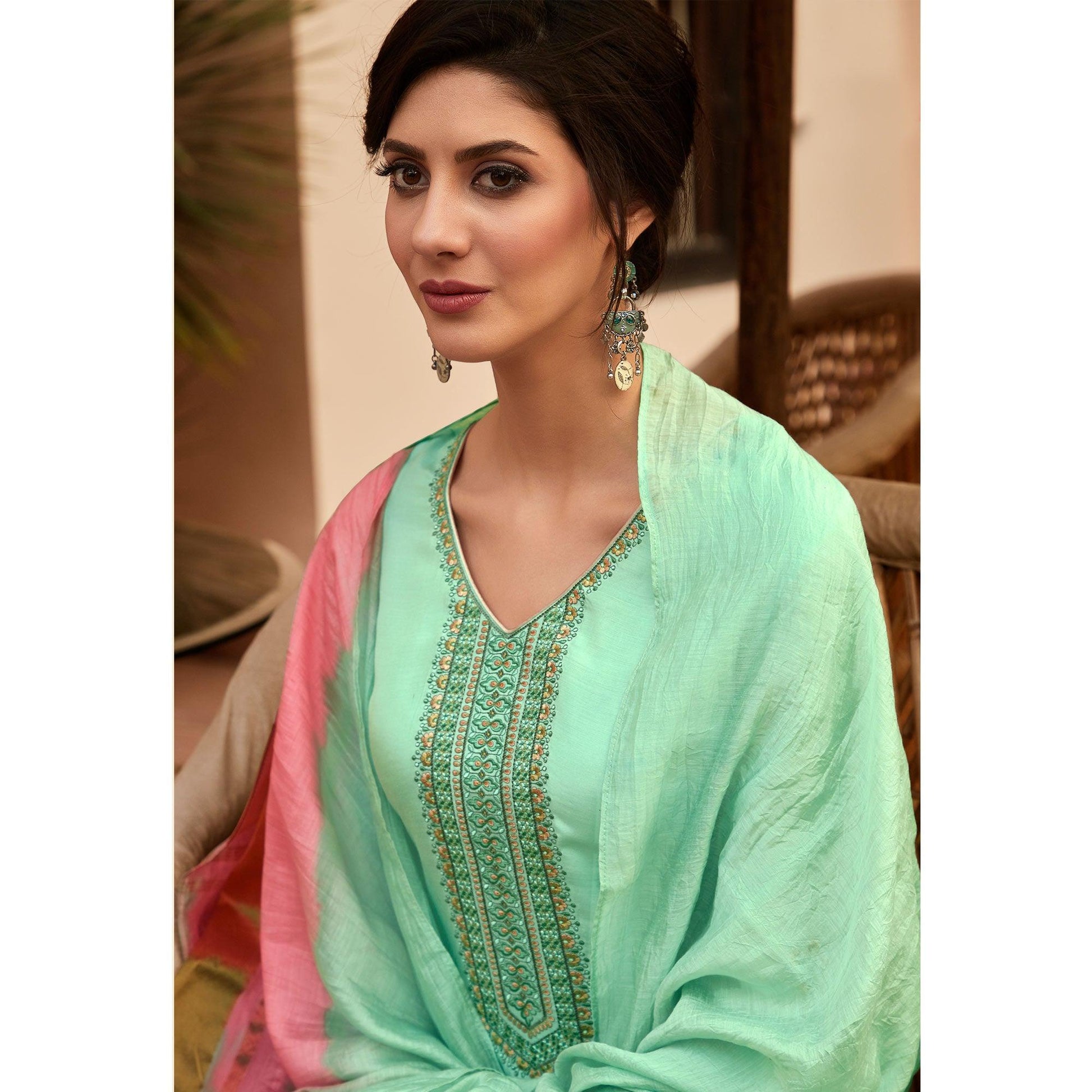 Light Green Casual Wear Embroidered Georgette Suit