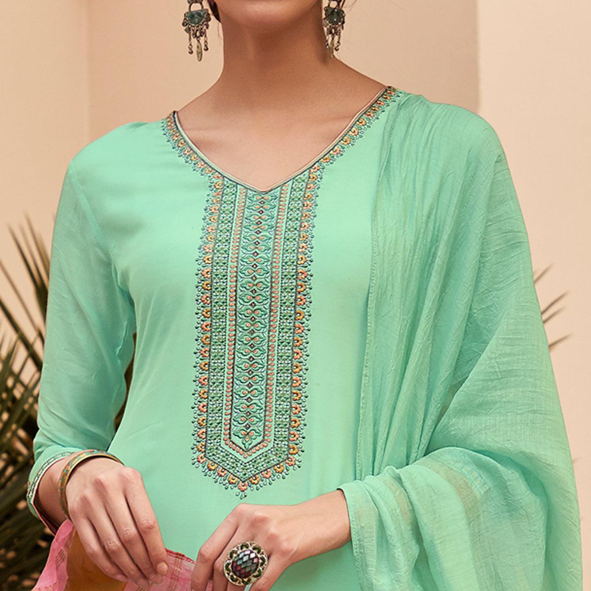 Light Green Casual Wear Embroidered Georgette Suit