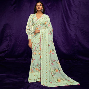 Light Green Casual Wear Floral Digital Printed Pure Georgette Saree