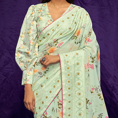Light Green Casual Wear Floral Digital Printed Pure Georgette Saree