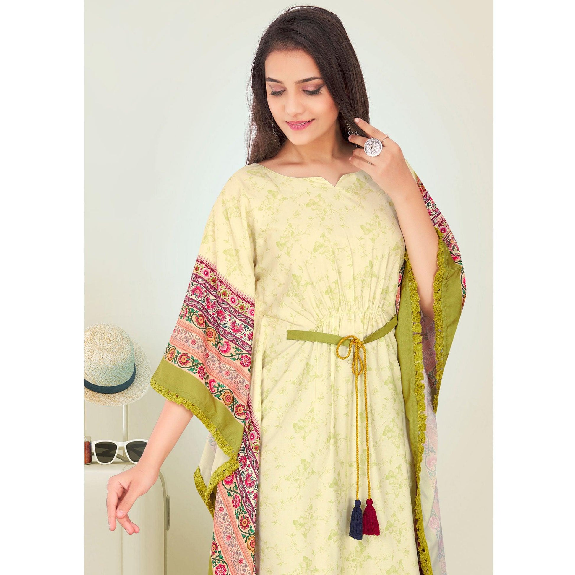 Light Green Casual Wear Floral Digtial Printed Modal Kaftan Kurti