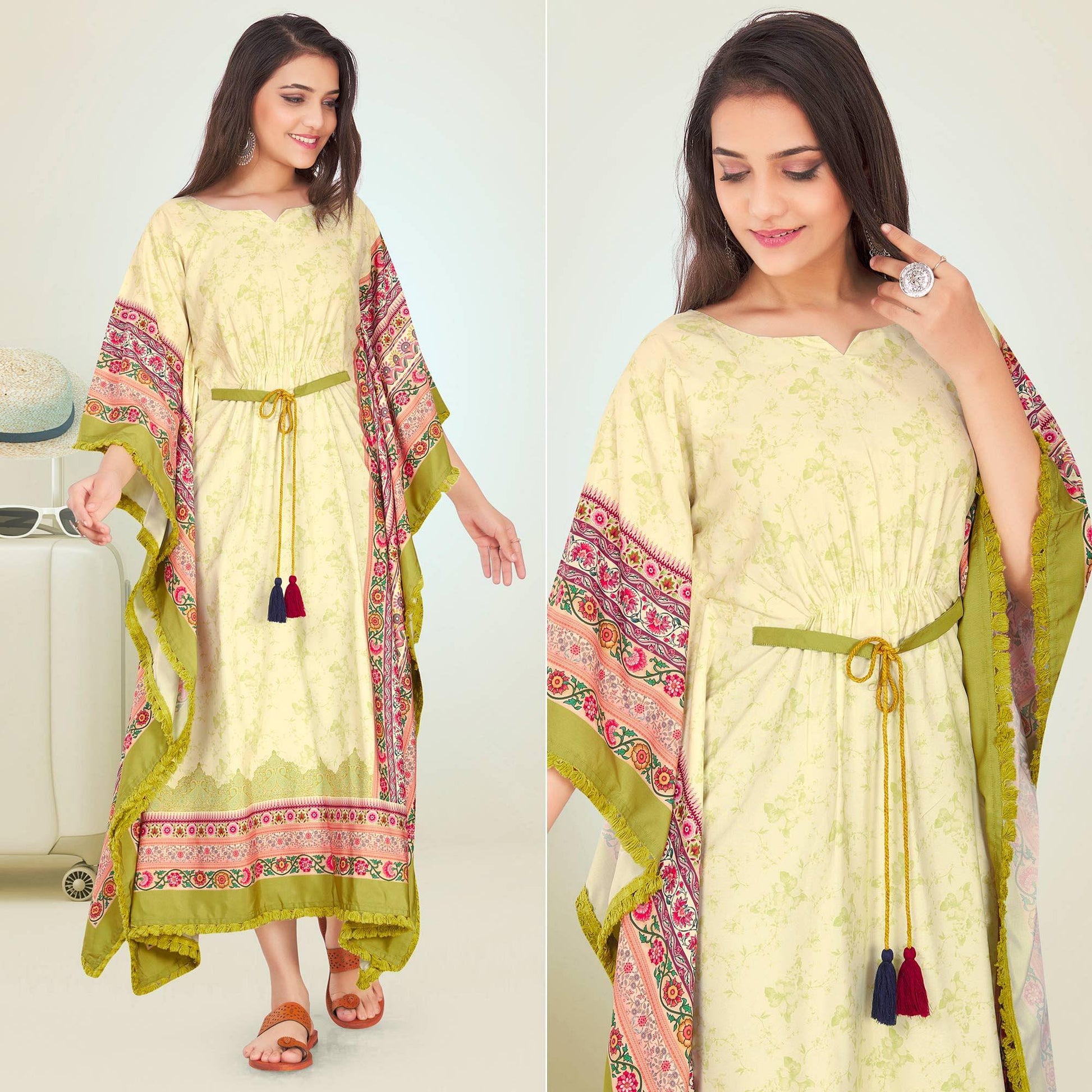 Light Green Casual Wear Floral Digtial Printed Modal Kaftan Kurti