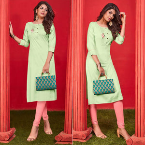 Light Green Casual Wear Floral Embroidered Cotton Kurti