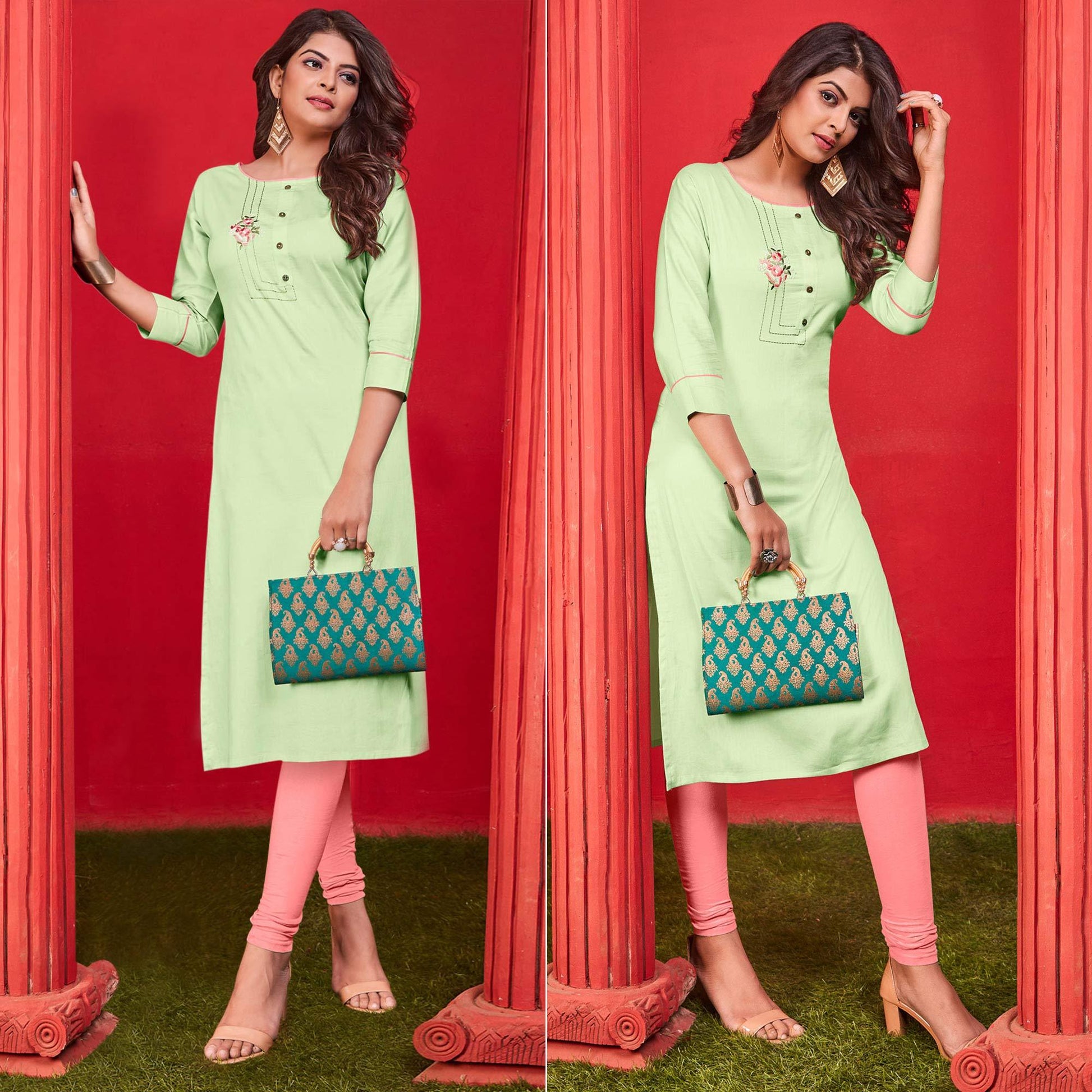 Light Green Casual Wear Floral Embroidered Cotton Kurti