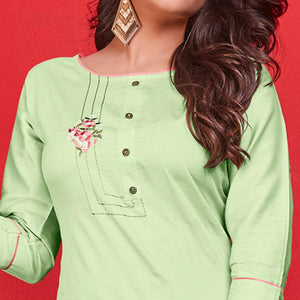 Light Green Casual Wear Floral Embroidered Cotton Kurti
