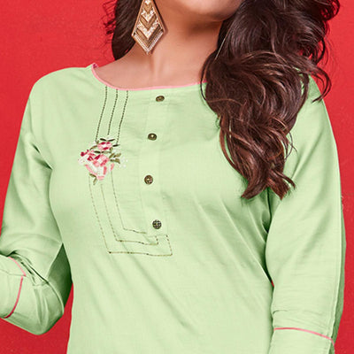 Light Green Casual Wear Floral Embroidered Cotton Kurti