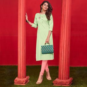 Light Green Casual Wear Floral Embroidered Cotton Kurti