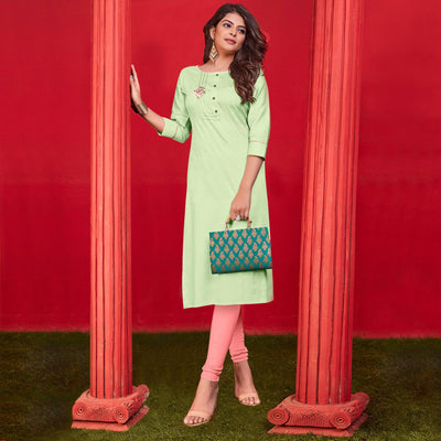 Light Green Casual Wear Floral Embroidered Cotton Kurti